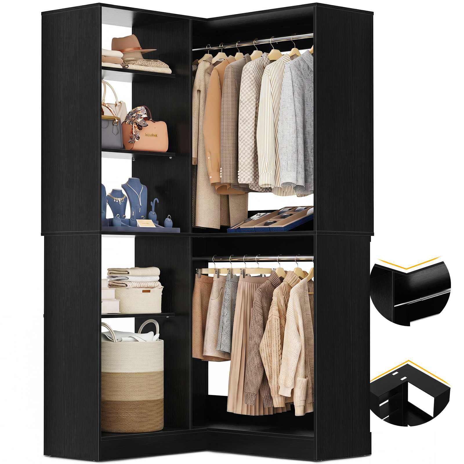 36'' Corner Closet System with 7 Shelves & 2 Hanging Rods, Load 800+LBS