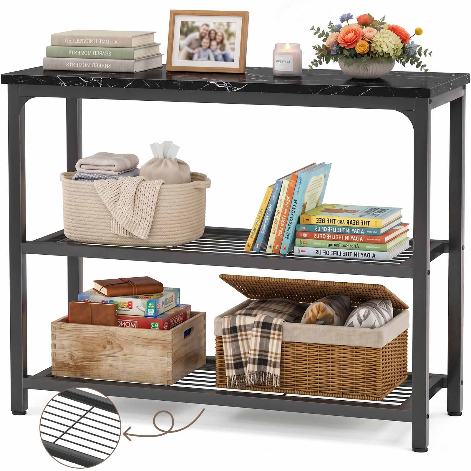 32" 3-Tier Small Entryway Table with Double Mesh Shelves