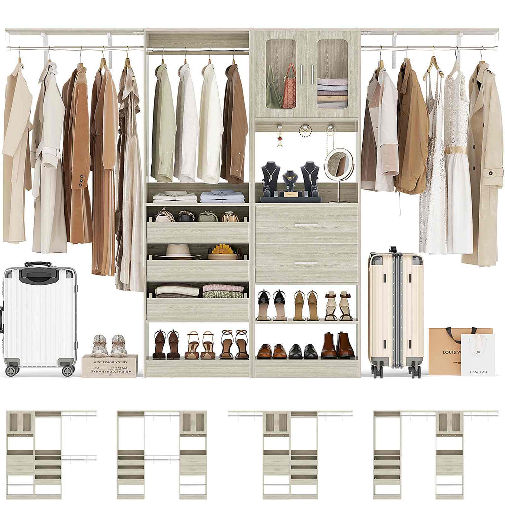 40''-120" Closet System Set 2 with 3 Half-Open Drawers, Shelving Towers, Hanging Rods and 2 Big Wing Shelves