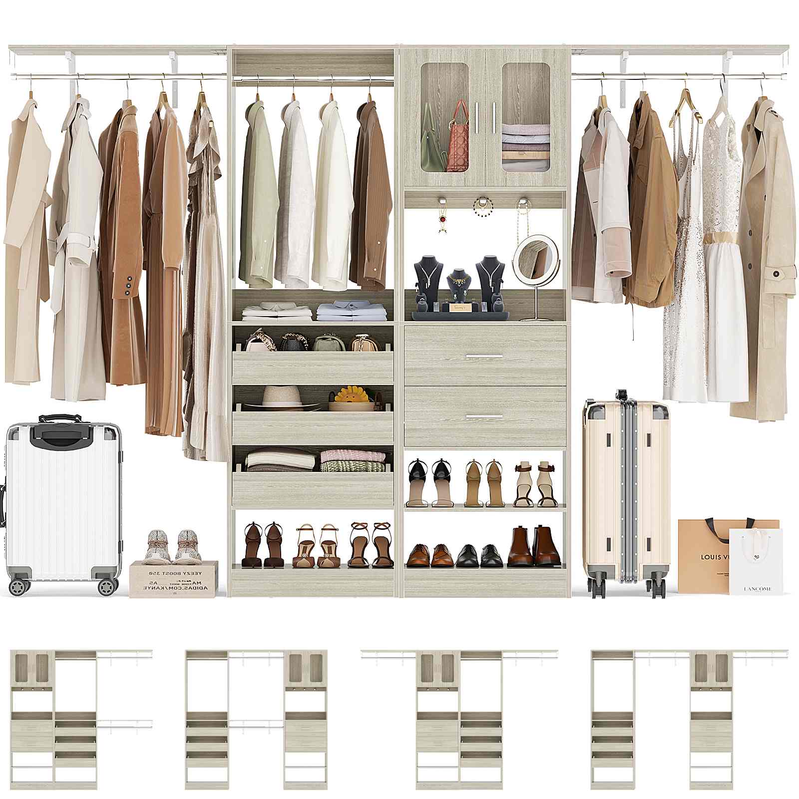 40''-120" Closet System Set 2 with 3 Half-Open Drawers, Shelving Towers, Hanging Rods and 2 Big Wing Shelves