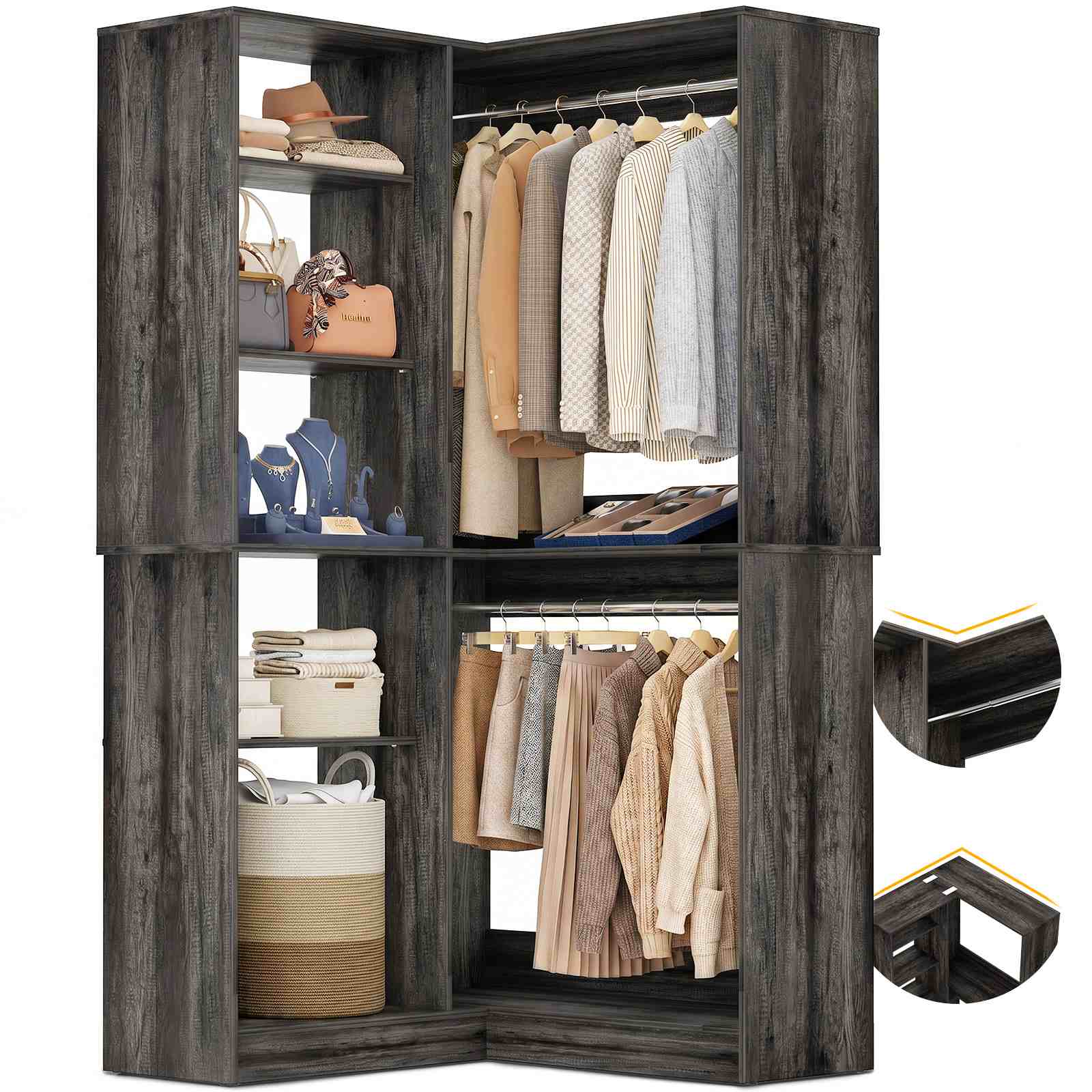 36'' Corner Closet System with 7 Shelves & 2 Hanging Rods, Load 800+LBS