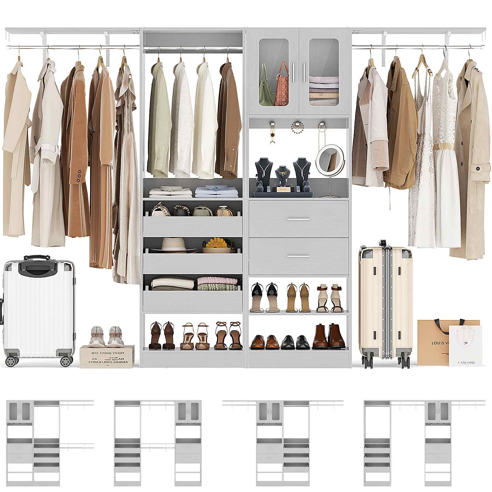 40''-120" Closet System Set 2 with 3 Half-Open Drawers, Shelving Towers, Hanging Rods and 2 Big Wing Shelves