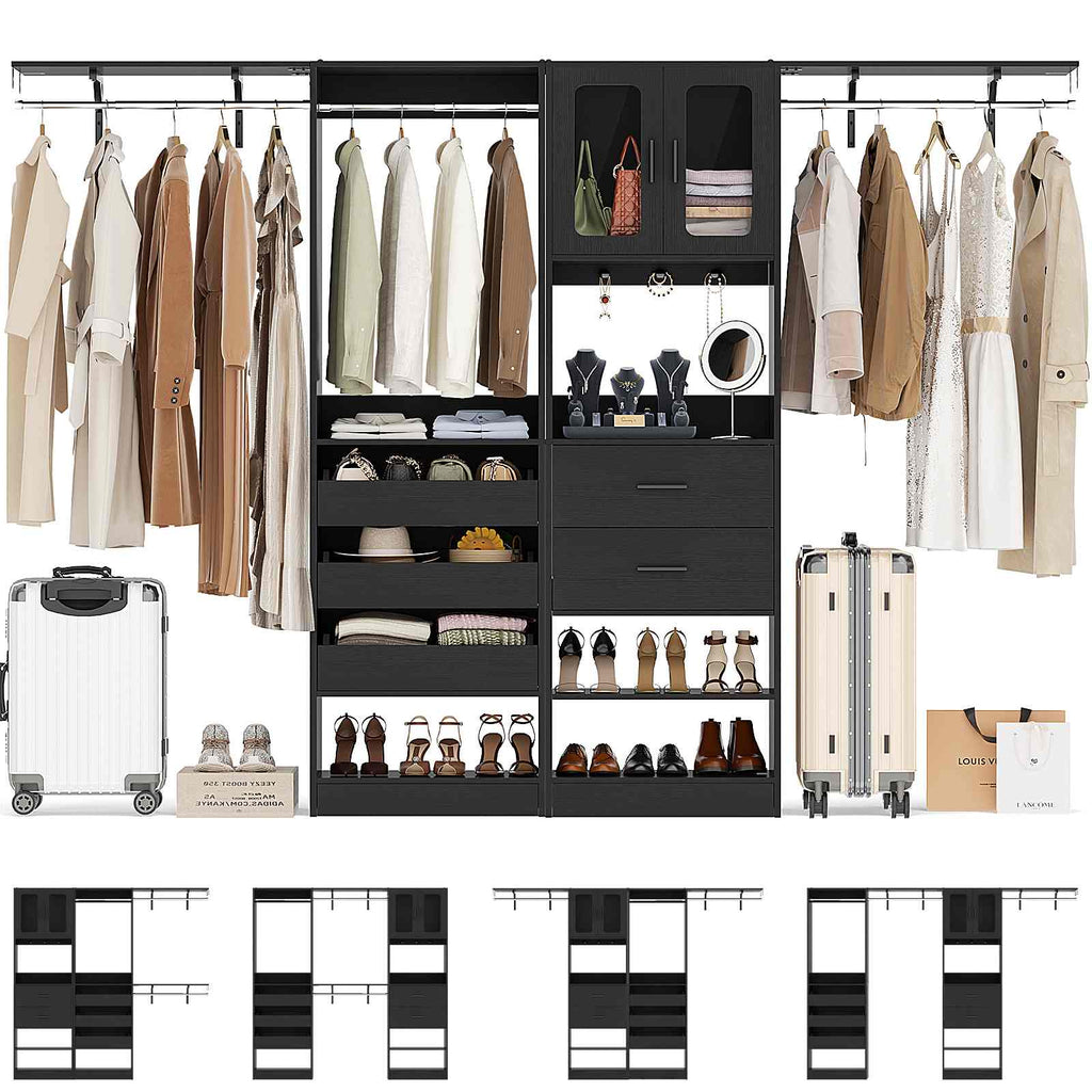 40''-120" Closet System Set 2 with 3 Half-Open Drawers, Shelving Towers, Hanging Rods and 2 Big Wing Shelves