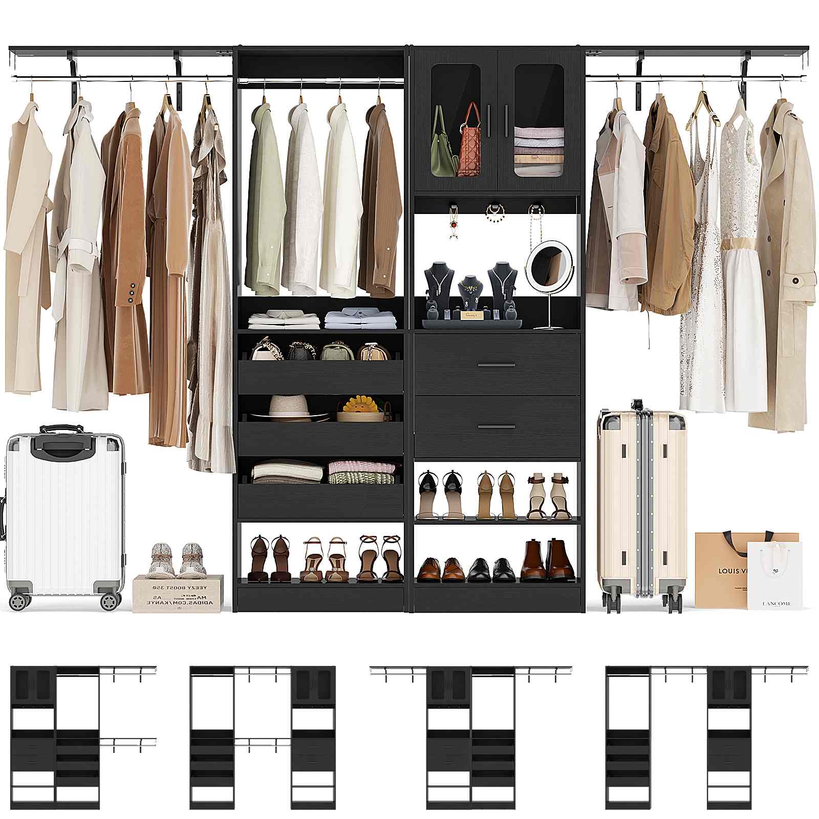 40''-120" Closet System Set 2 with 3 Half-Open Drawers, Shelving Towers, Hanging Rods and 2 Big Wing Shelves