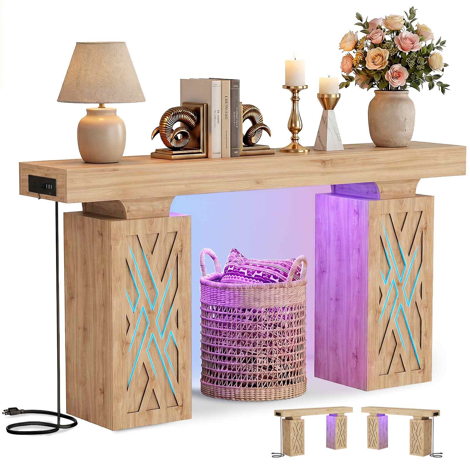 47.2'' Farmhouse Console Table with Charging Station and LED Lights