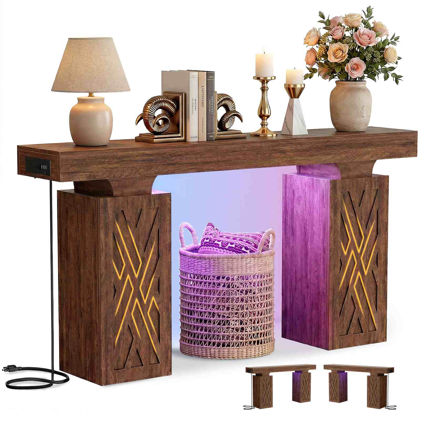47.2'' Farmhouse Console Table with Charging Station and LED Lights