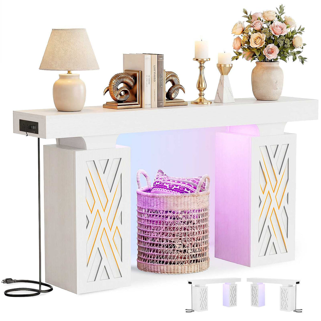 47.2'' Farmhouse Console Table with Charging Station and LED Lights