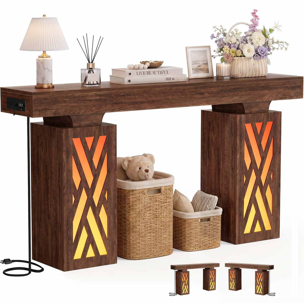 63" Long Thick Entryway Table with LED & Outlets