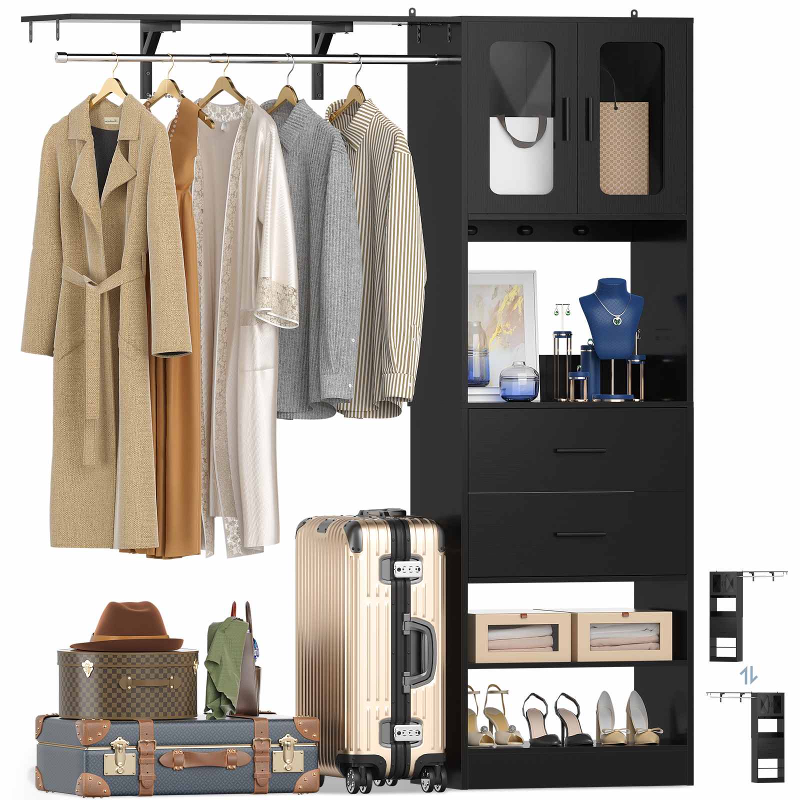 80" Tall x 60" Wide Closet System with Doors, Wooden Drawers, Big Wing Shelf and Hanging Rod