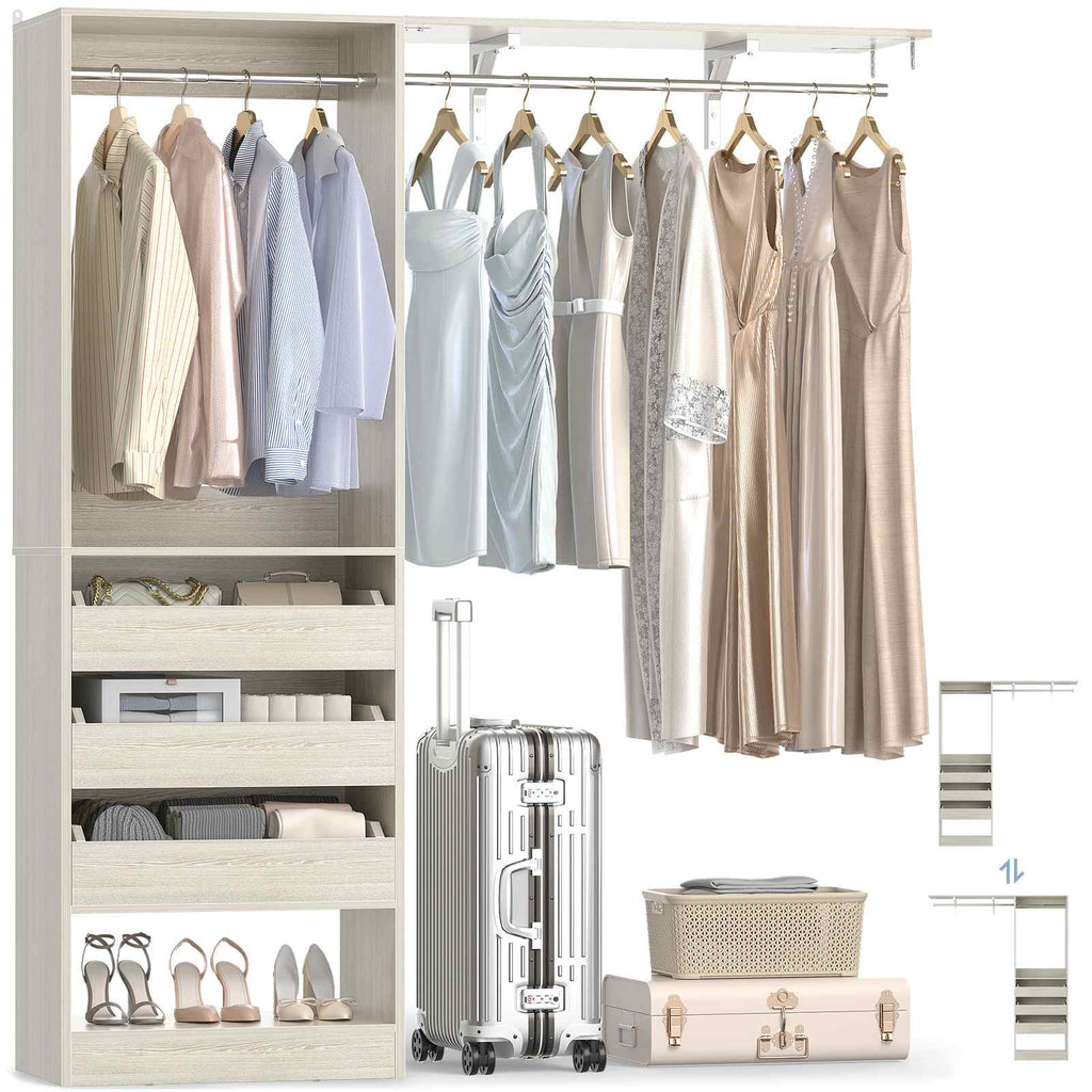 80" Tall x 60" Wide Closet System with 3 Half-Open Wooden Drawers,  2 Hanging Rods and Big Wing Shelf