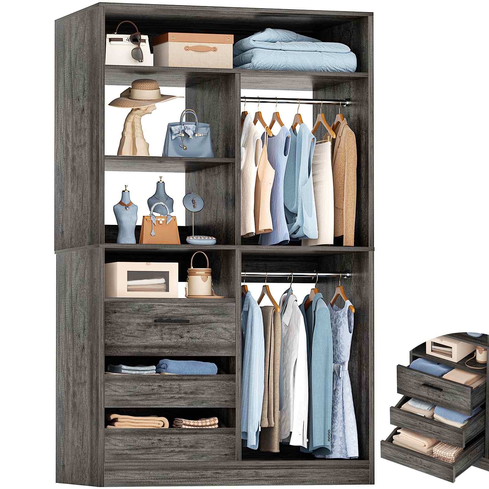 3FT Closet System with 6 Shelves, 2 Hanging Rod, Closed & 2 Half-Open Drawers