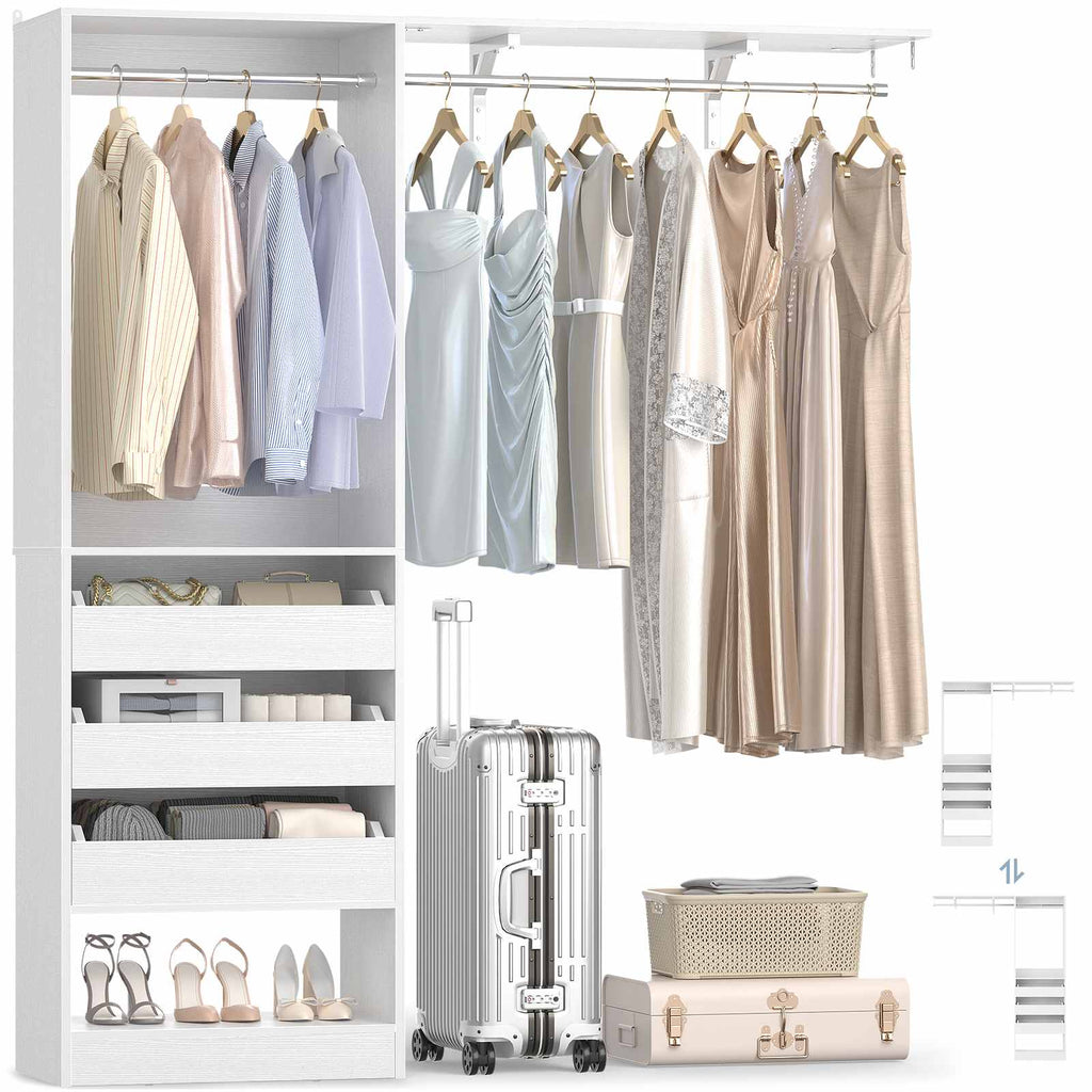 80" Tall x 60" Wide Closet System with 3 Half-Open Wooden Drawers,  2 Hanging Rods and Big Wing Shelf