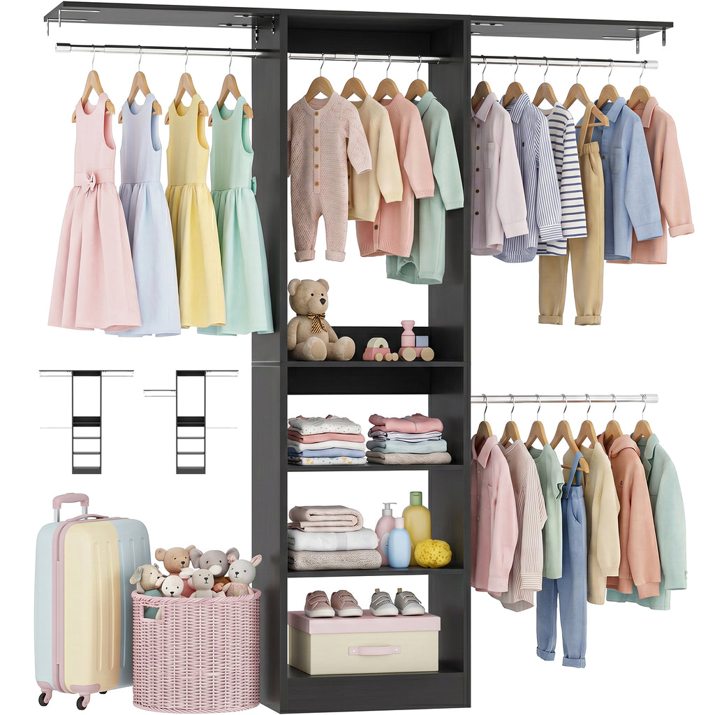 48" Small Closet System, Space-Saving Wall-Mounted Wardrobe Organizer, with 3 Adjustable Hanging Rods & 4 Shelves