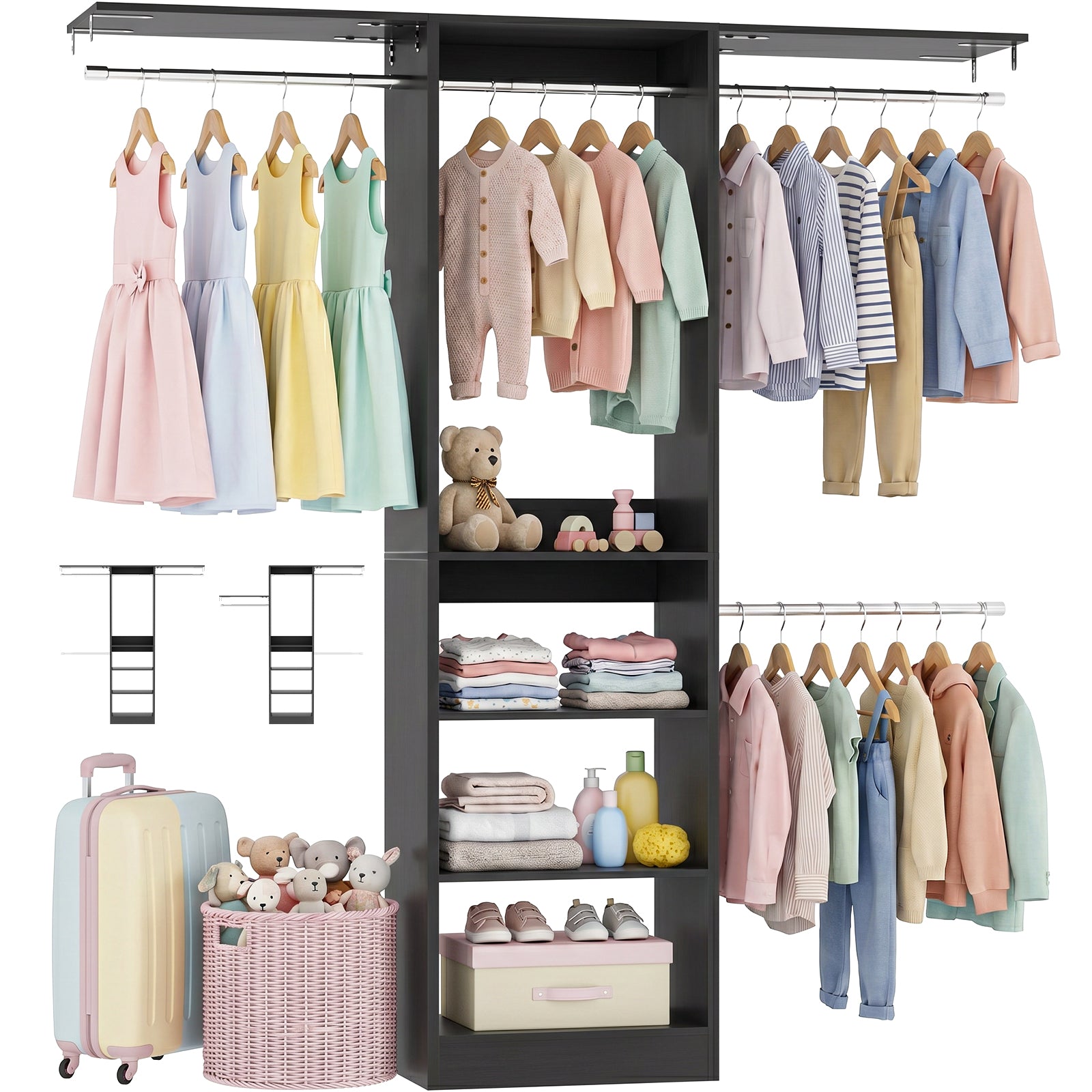 48" Small Closet System, Space-Saving Wall-Mounted Wardrobe Organizer, with 3 Adjustable Hanging Rods & 4 Shelves