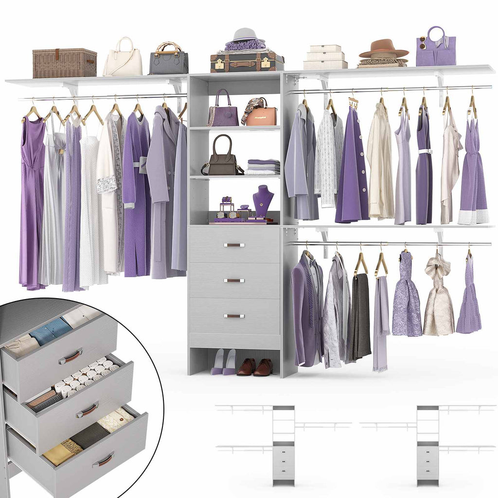 10FT Heavy Duty Closet System with 3 Wooden Drawers, 3 Shelving Towers and Expandable Rods