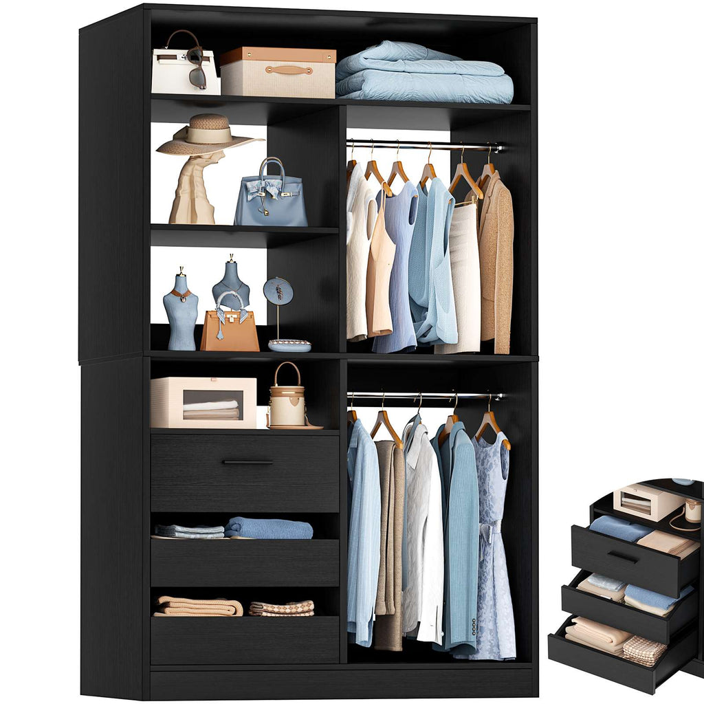 3FT Closet System with 6 Shelves, 2 Hanging Rod, Closed & 2 Half-Open Drawers