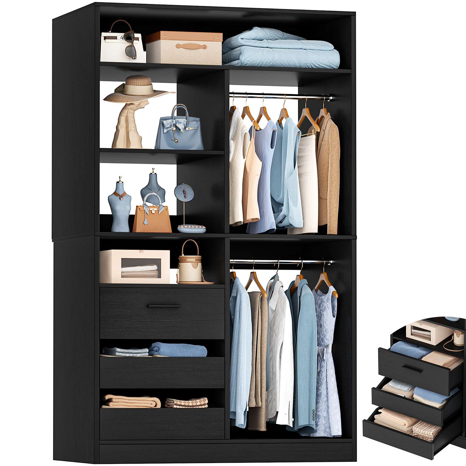 3FT Closet System with 6 Shelves, 2 Hanging Rod, Closed & 2 Half-Open Drawers