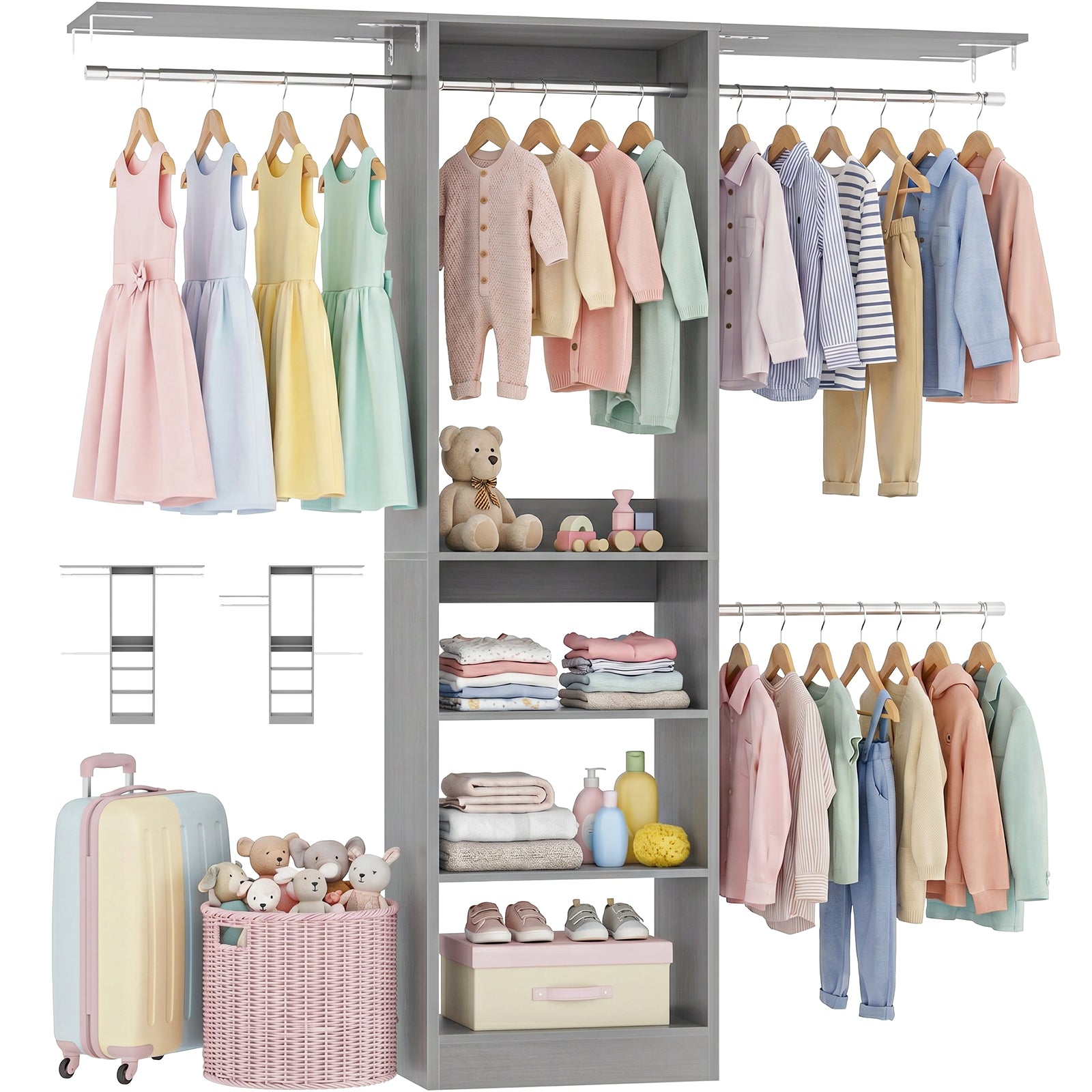 48" Small Closet System, Space-Saving Wall-Mounted Wardrobe Organizer, with 3 Adjustable Hanging Rods & 4 Shelves