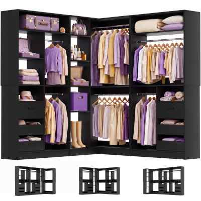 108" L-Shaped Closet System with 6 Drawers, 9FT Corner Closet System with 6 Hanging Rods & Corner Tower