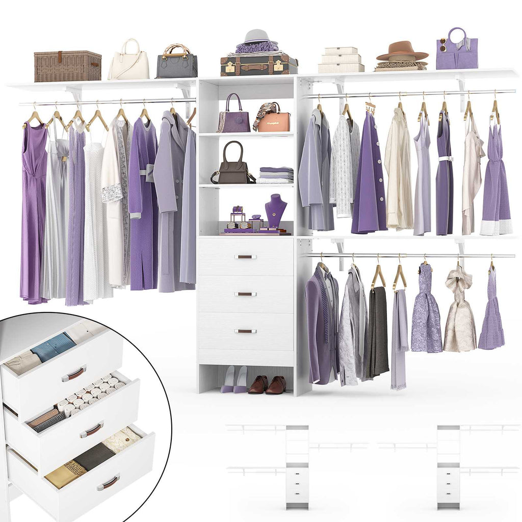 10FT Heavy Duty Closet System with 3 Wooden Drawers, 3 Shelving Towers and Expandable Rods