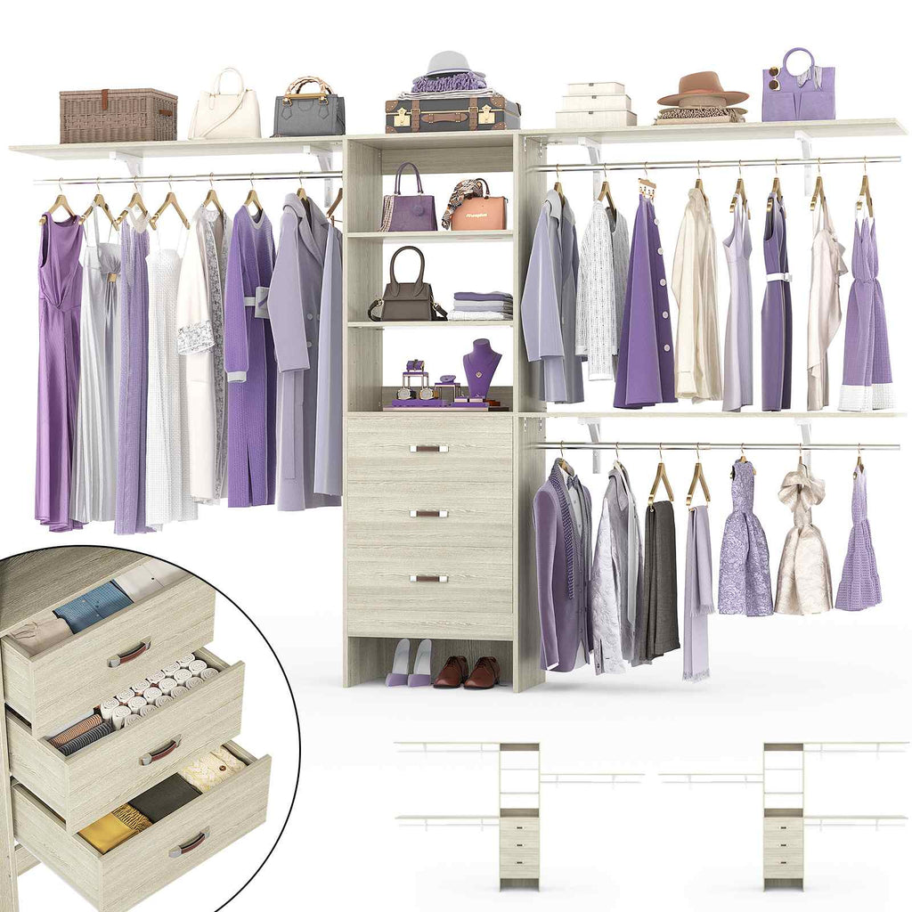 10FT Heavy Duty Closet System with 3 Wooden Drawers, 3 Shelving Towers and Expandable Rods