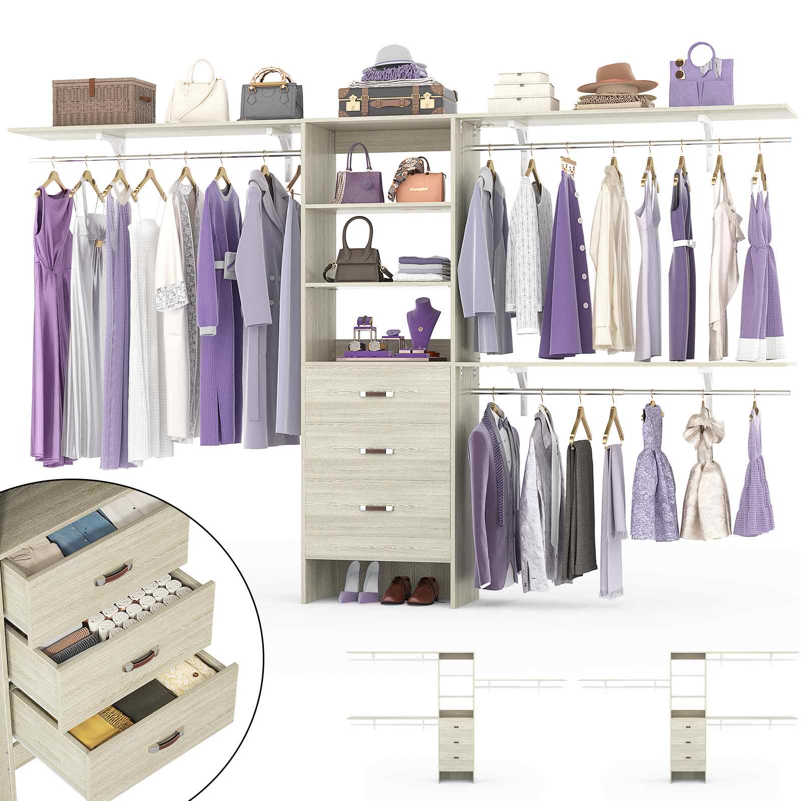 10FT Heavy Duty Closet System with 3 Wooden Drawers, 3 Shelving Towers and Expandable Rods