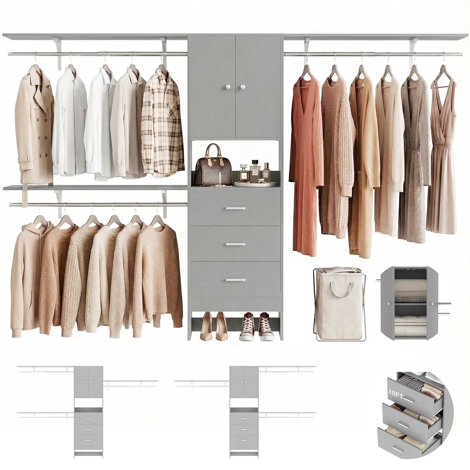 120" Heavy Duty Closet System with Cabinet Doors and 3 Wooden Drawers