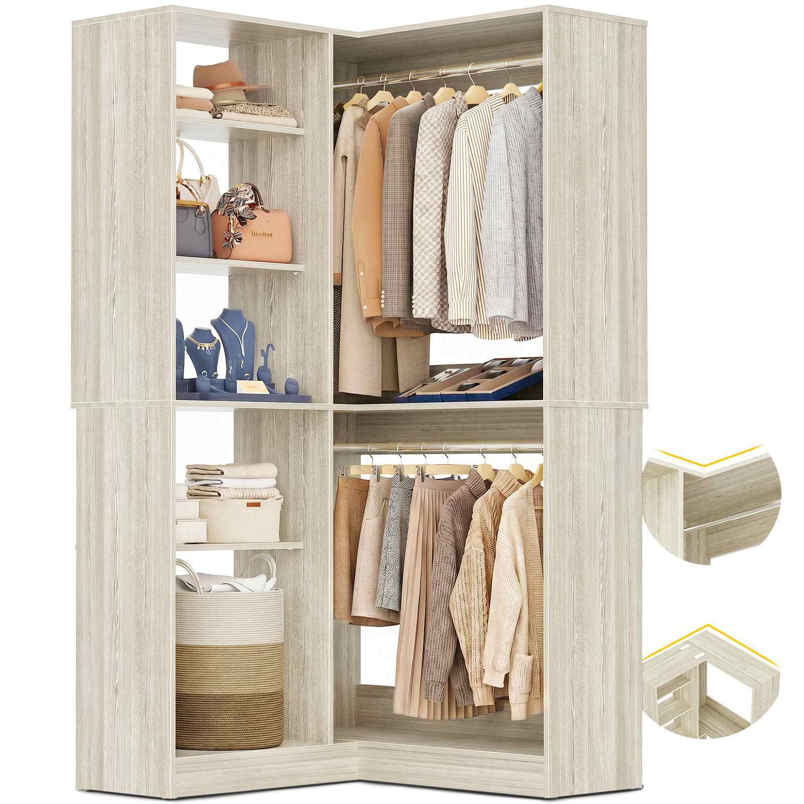 36'' Corner Closet System with 7 Shelves & 2 Hanging Rods, Load 800+LBS