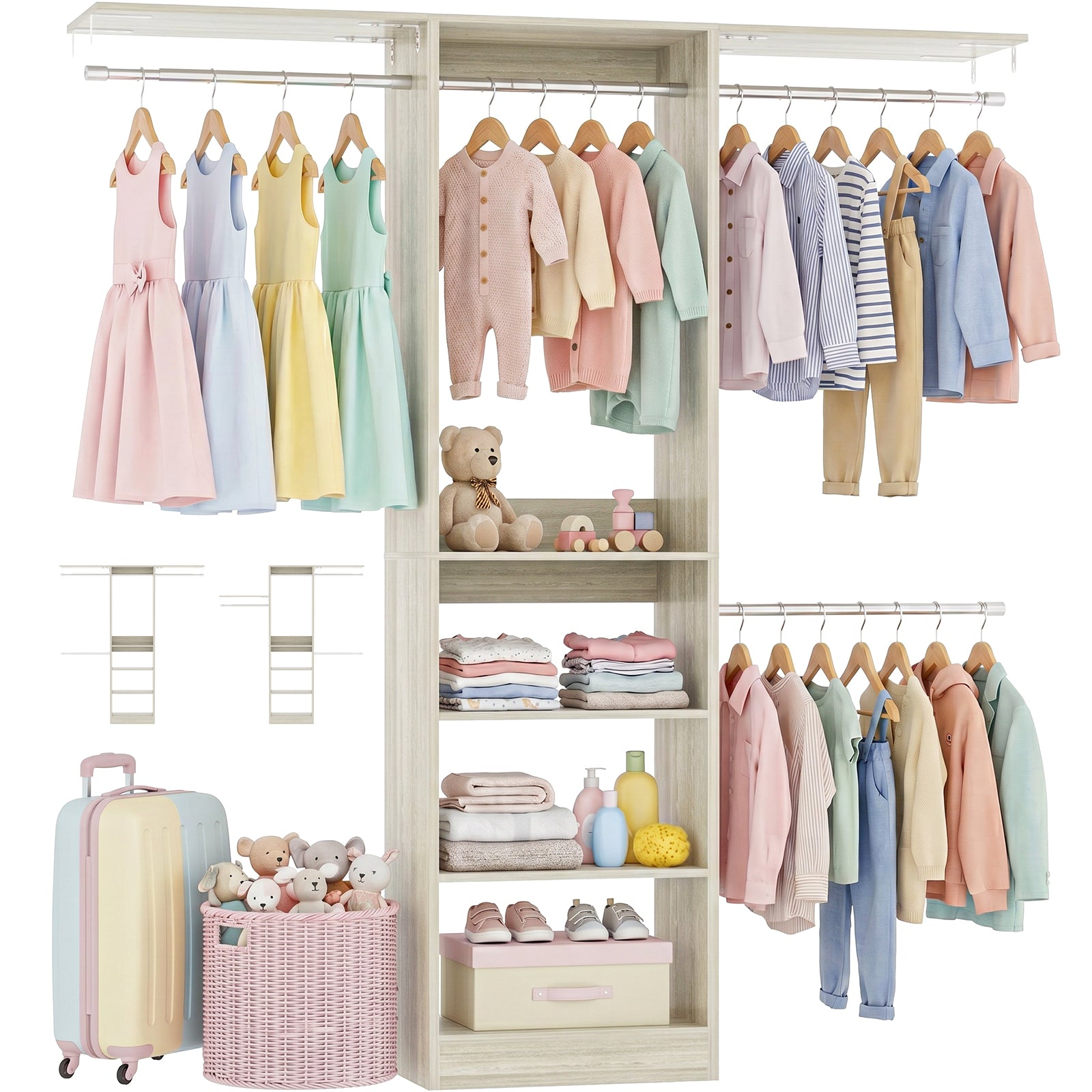 48" Small Closet System, Space-Saving Wall-Mounted Wardrobe Organizer, with 3 Adjustable Hanging Rods & 4 Shelves