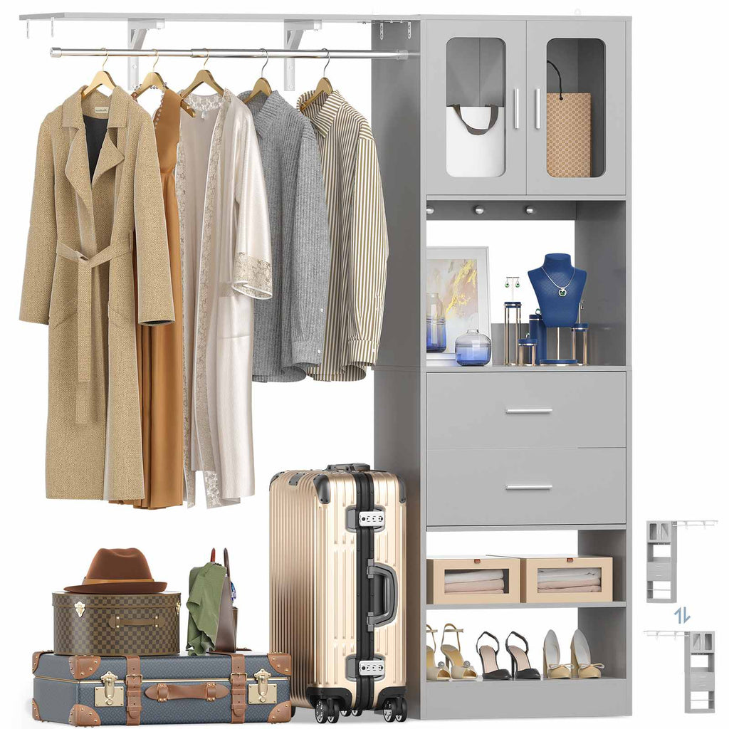 80" Tall x 60" Wide Closet System with Doors, Wooden Drawers, Big Wing Shelf and Hanging Rod