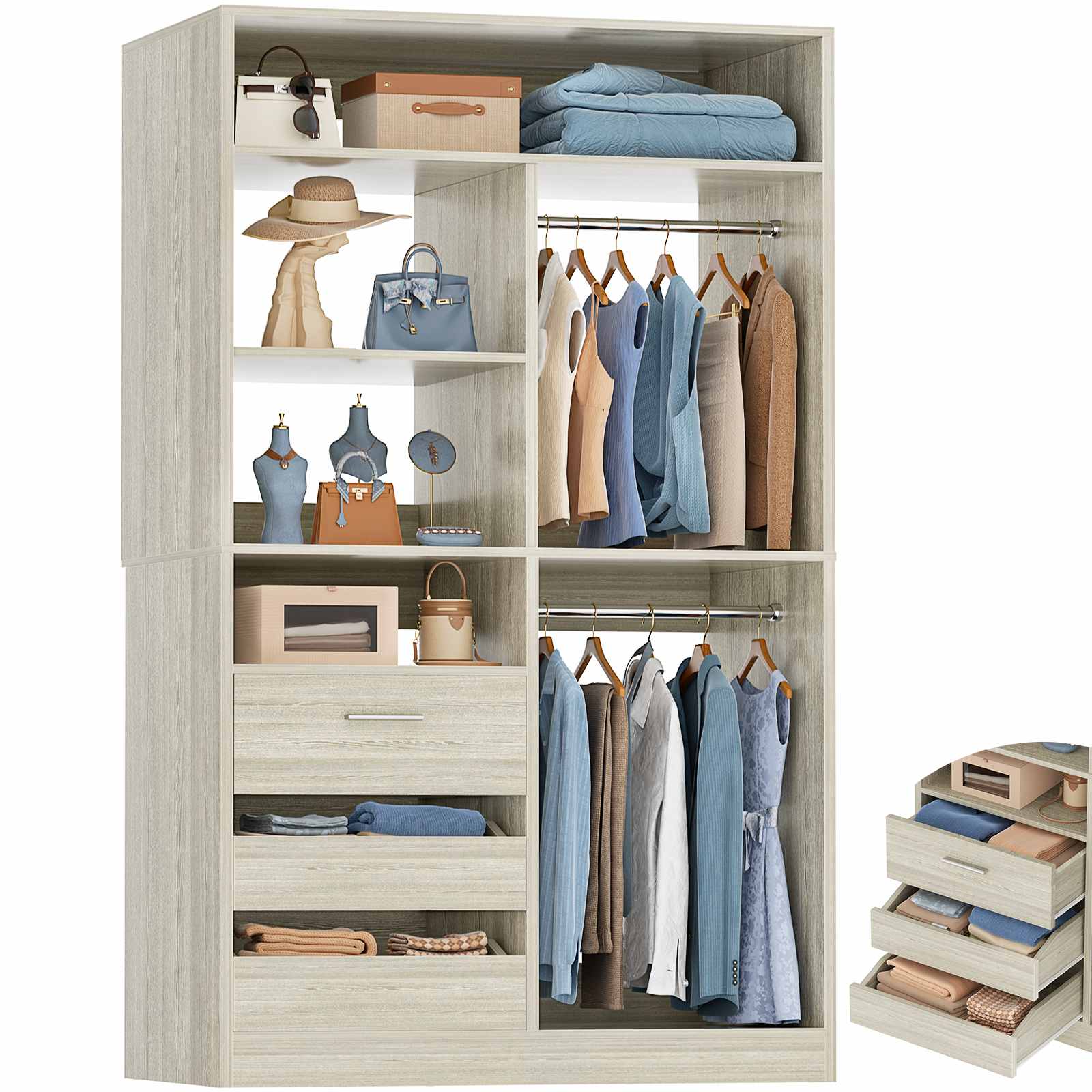 3FT Closet System with 6 Shelves, 2 Hanging Rod, Closed & 2 Half-Open Drawers