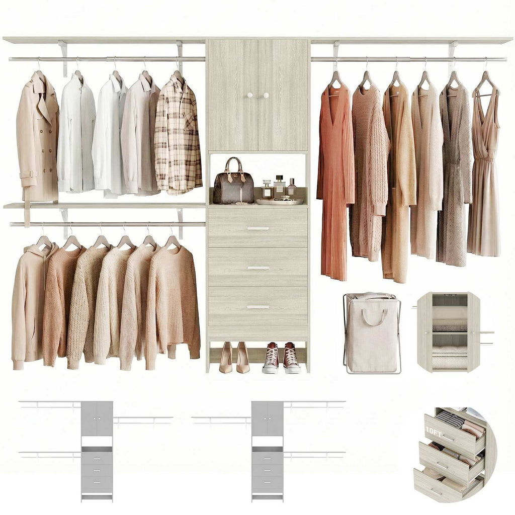 120" Heavy Duty Closet System with Cabinet Doors and 3 Wooden Drawers