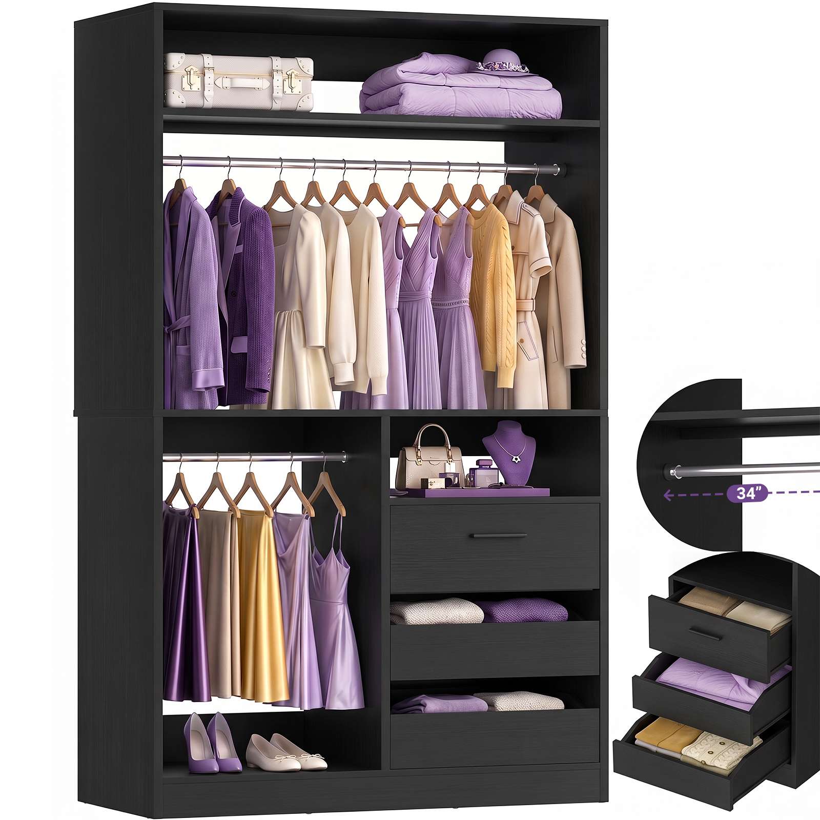 36'' Closet System with Long Hanging Rods, 4 Shelves, Wood Walk-in Closet with Closed & 2 Half-Open Drawers