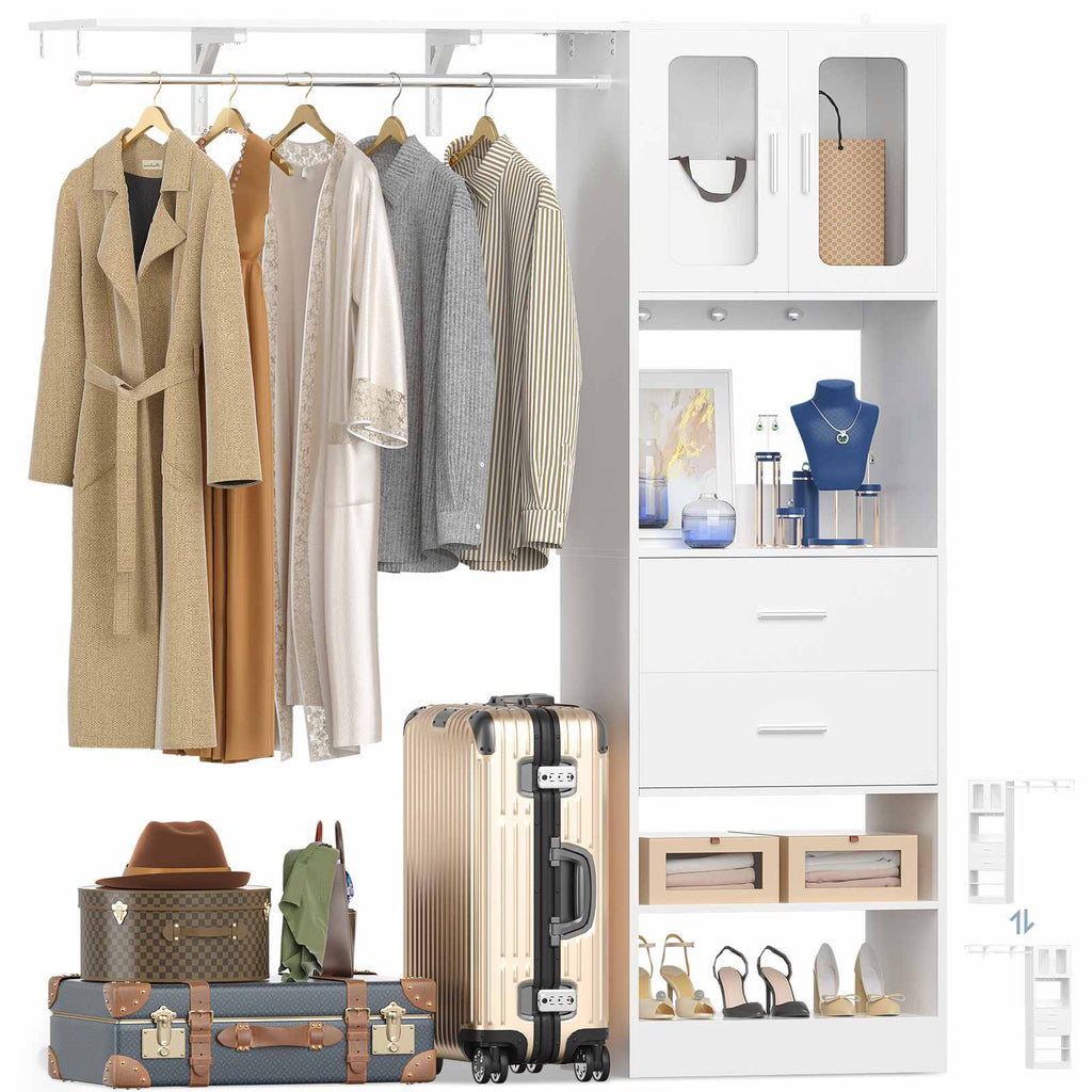 80" Tall x 60" Wide Closet System with Doors, Wooden Drawers, Big Wing Shelf and Hanging Rod