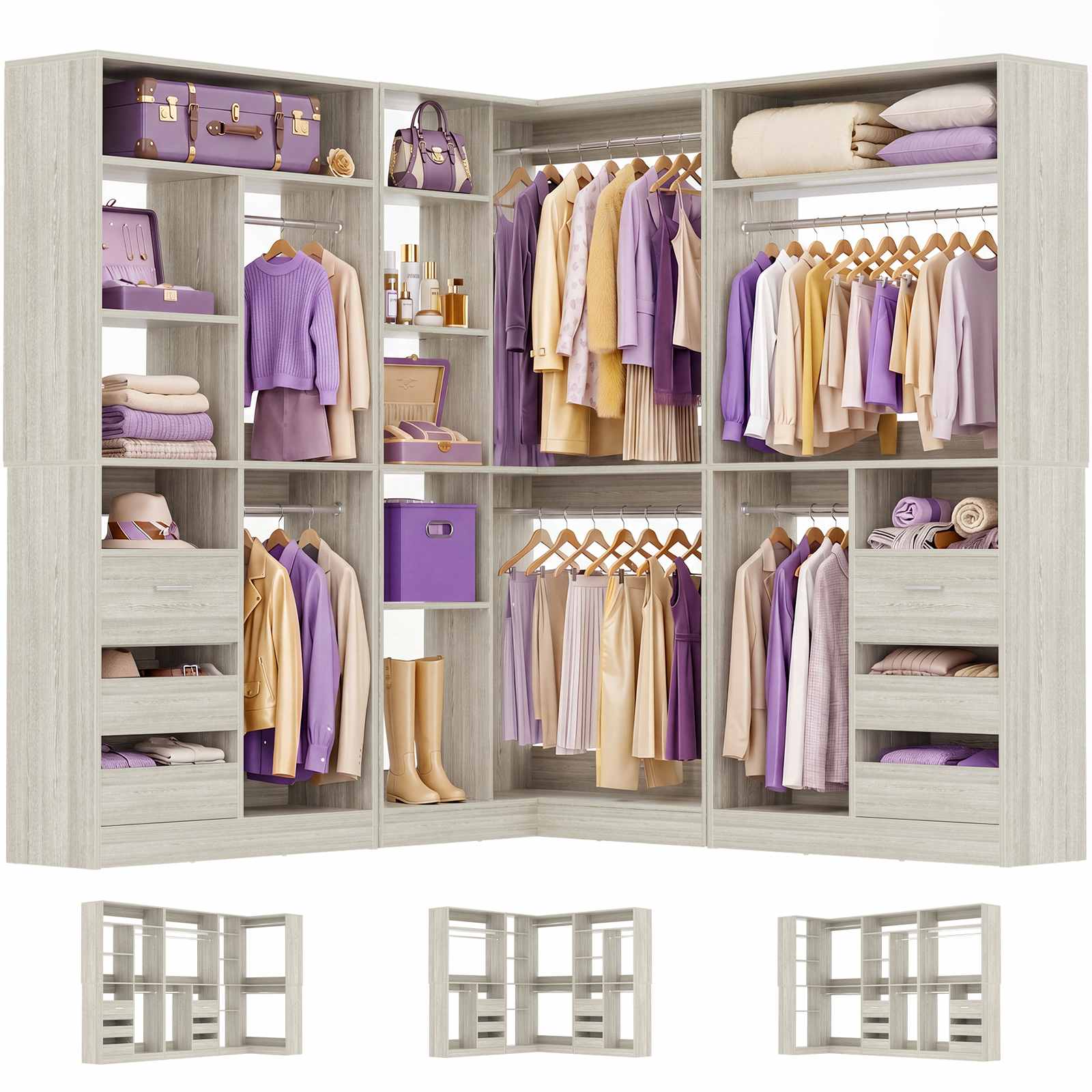 108" L-Shaped Closet System with 6 Drawers, 9FT Corner Closet System with 6 Hanging Rods & Corner Tower