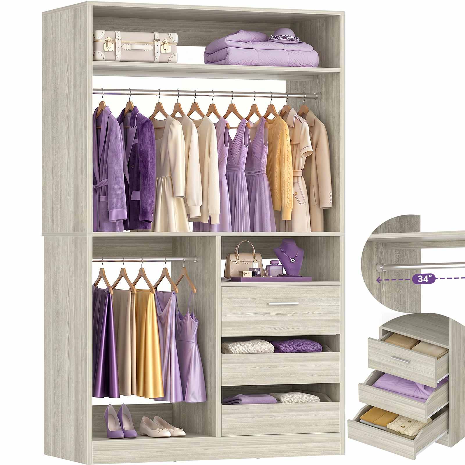 36'' Closet System with Long Hanging Rods, 4 Shelves, Wood Walk-in Closet with Closed & 2 Half-Open Drawers
