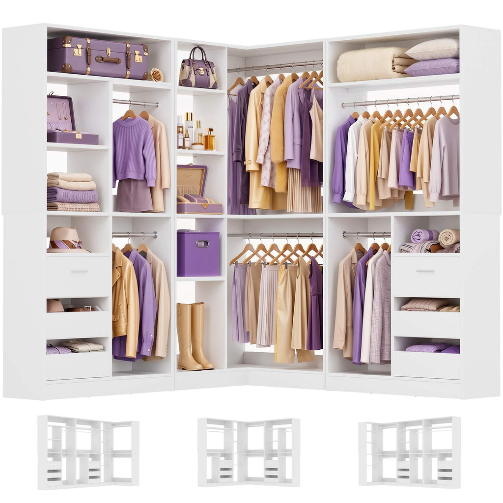 108" L-Shaped Closet System with 6 Drawers, 9FT Corner Closet System with 6 Hanging Rods & Corner Tower