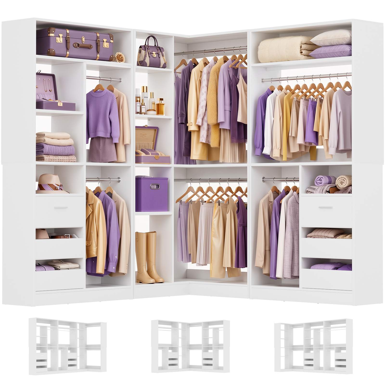 108" L-Shaped Closet System with 6 Drawers, 9FT Corner Closet System with 6 Hanging Rods & Corner Tower