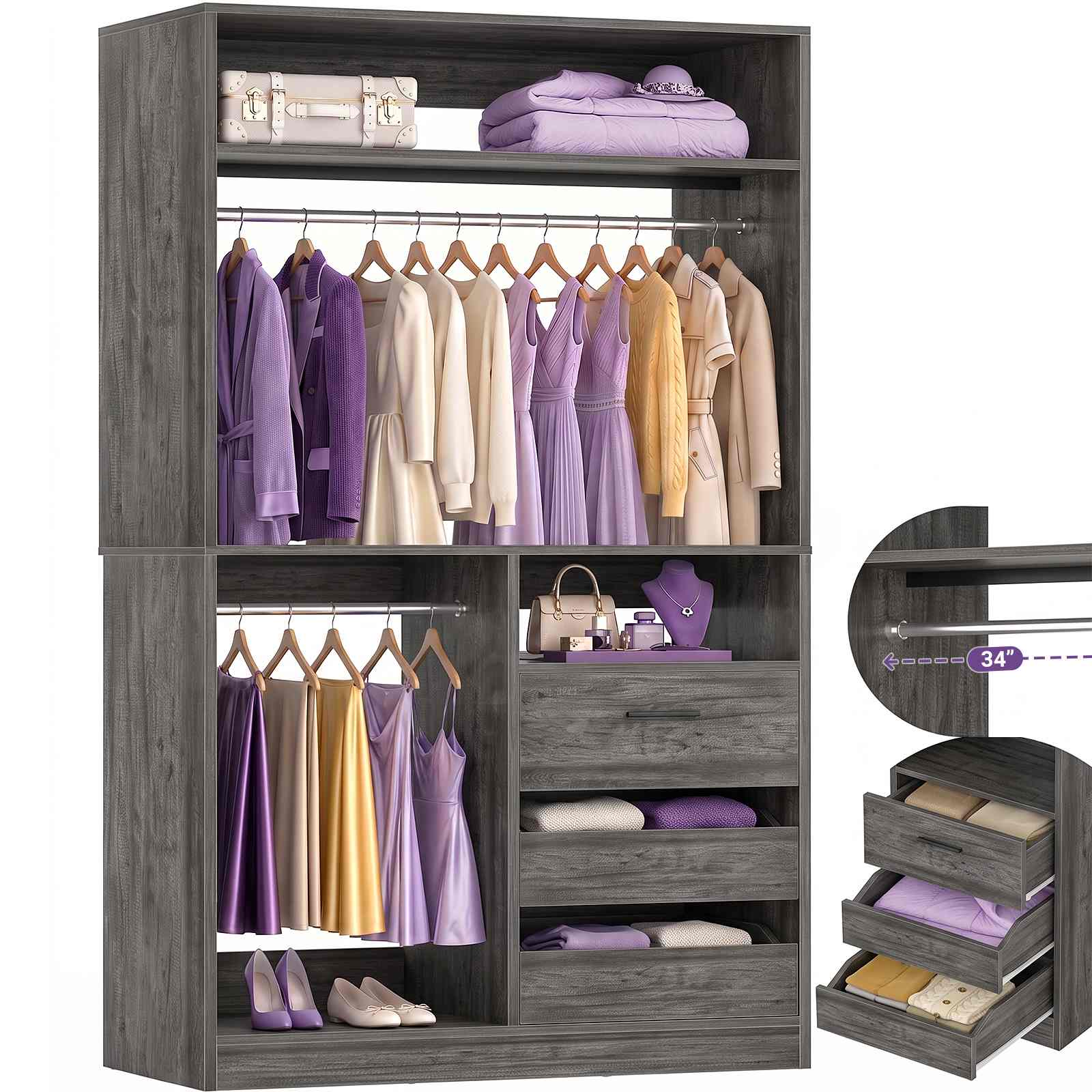 36'' Closet System with Long Hanging Rods, 4 Shelves, Wood Walk-in Closet with Closed & 2 Half-Open Drawers