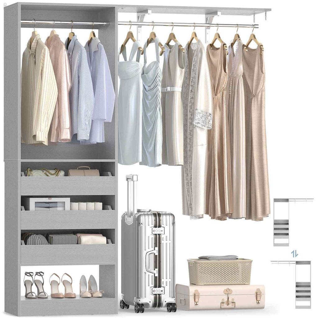 80" Tall x 60" Wide Closet System with 3 Half-Open Wooden Drawers,  2 Hanging Rods and Big Wing Shelf