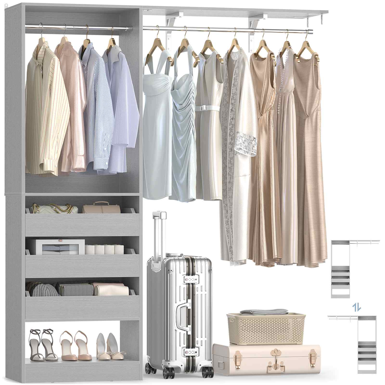 80" Tall x 60" Wide Closet System with 3 Half-Open Wooden Drawers,  2 Hanging Rods and Big Wing Shelf
