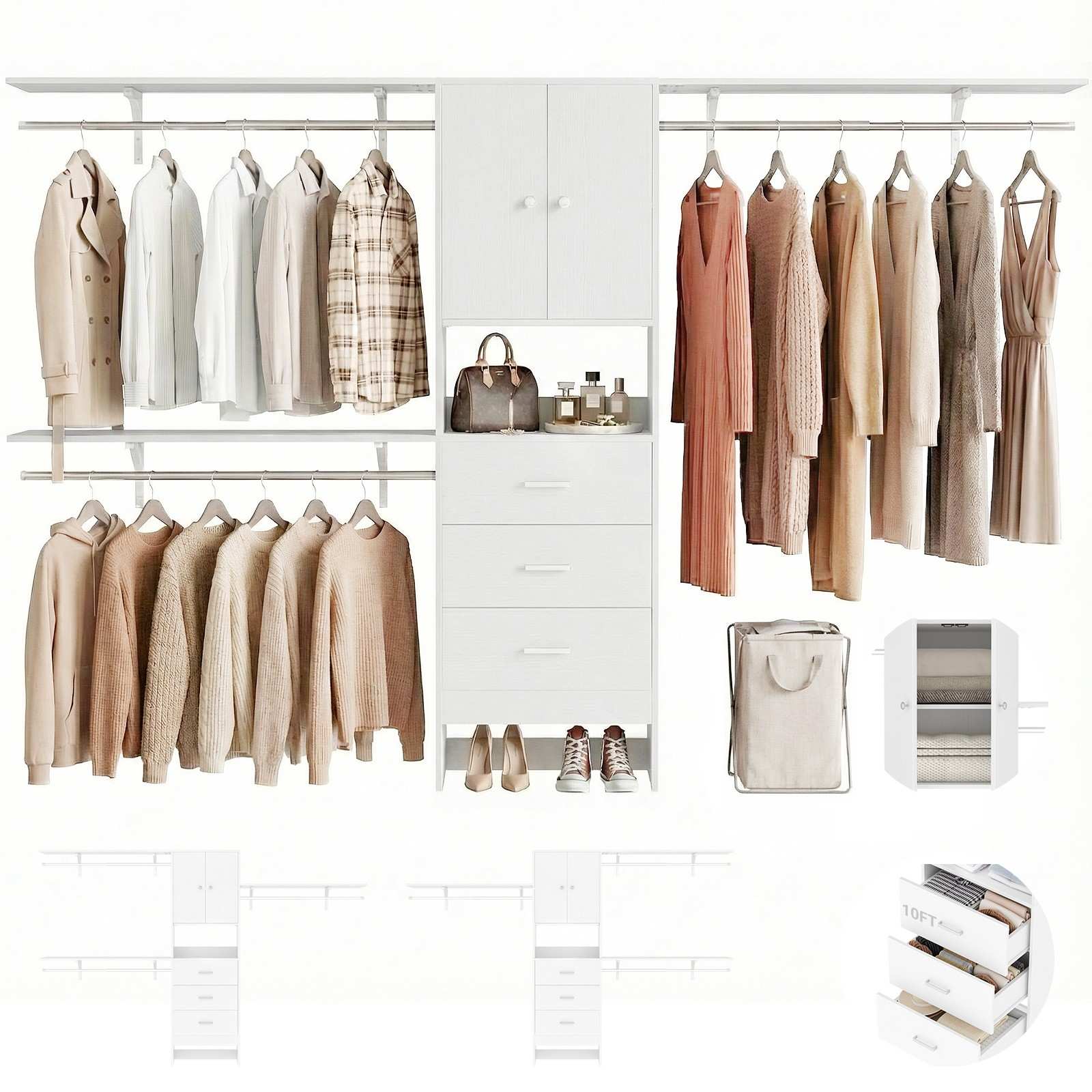 120" Heavy Duty Closet System with Cabinet Doors and 3 Wooden Drawers