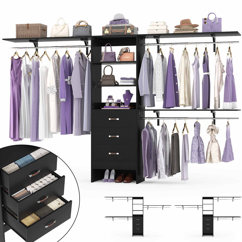 10FT Heavy Duty Closet System with 3 Wooden Drawers, 3 Shelving Towers and Expandable Rods