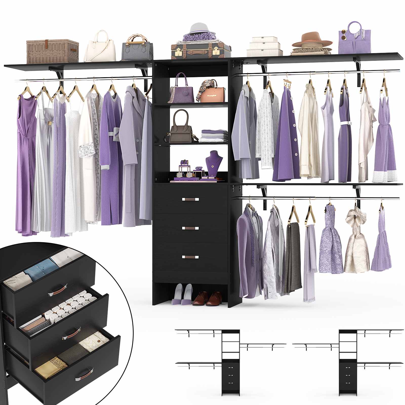 10FT Heavy Duty Closet System with 3 Wooden Drawers, 3 Shelving Towers and Expandable Rods