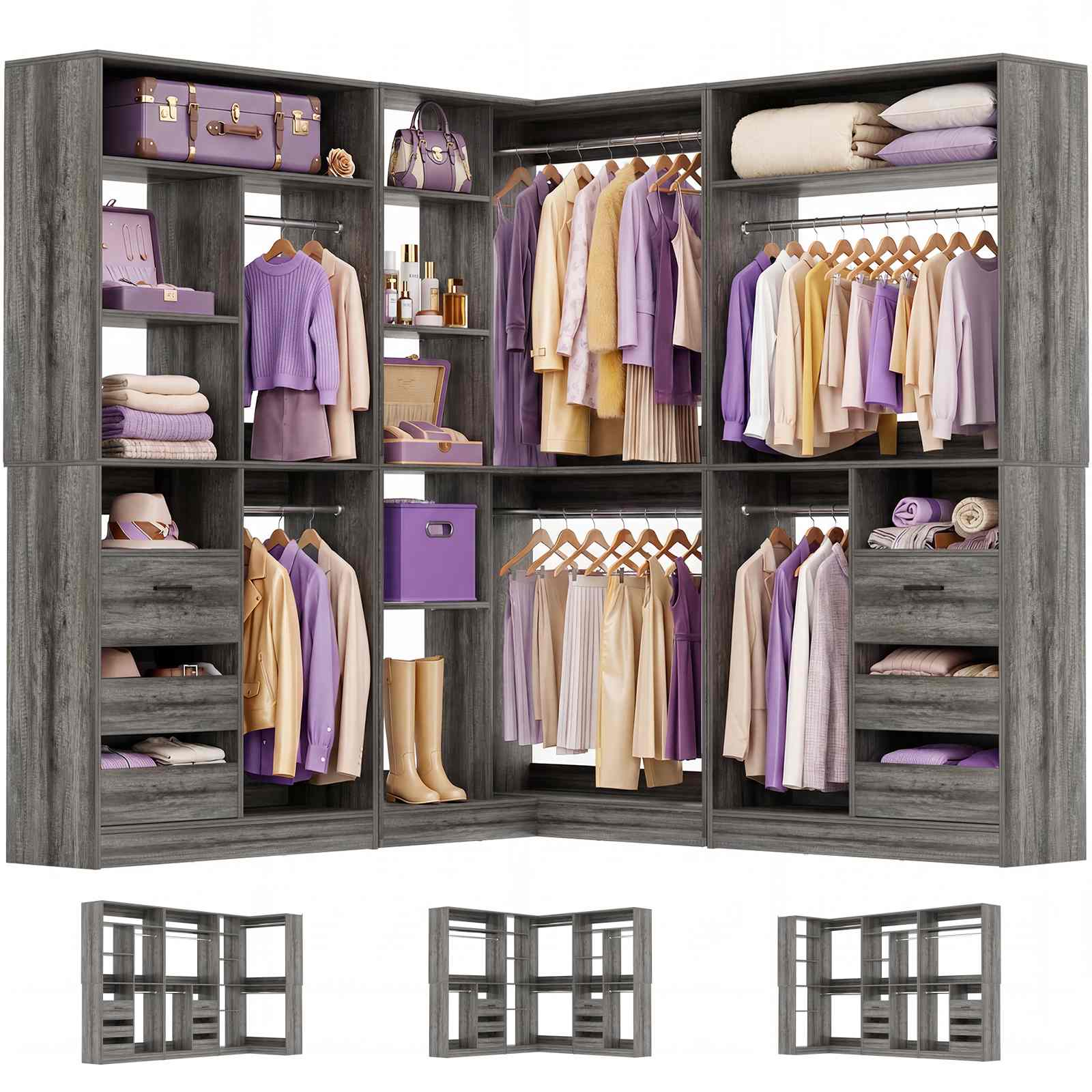 108" L-Shaped Closet System with 6 Drawers, 9FT Corner Closet System with 6 Hanging Rods & Corner Tower