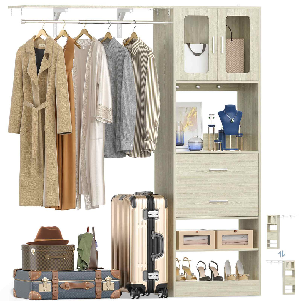 80" Tall x 60" Wide Closet System with Doors, Wooden Drawers, Big Wing Shelf and Hanging Rod