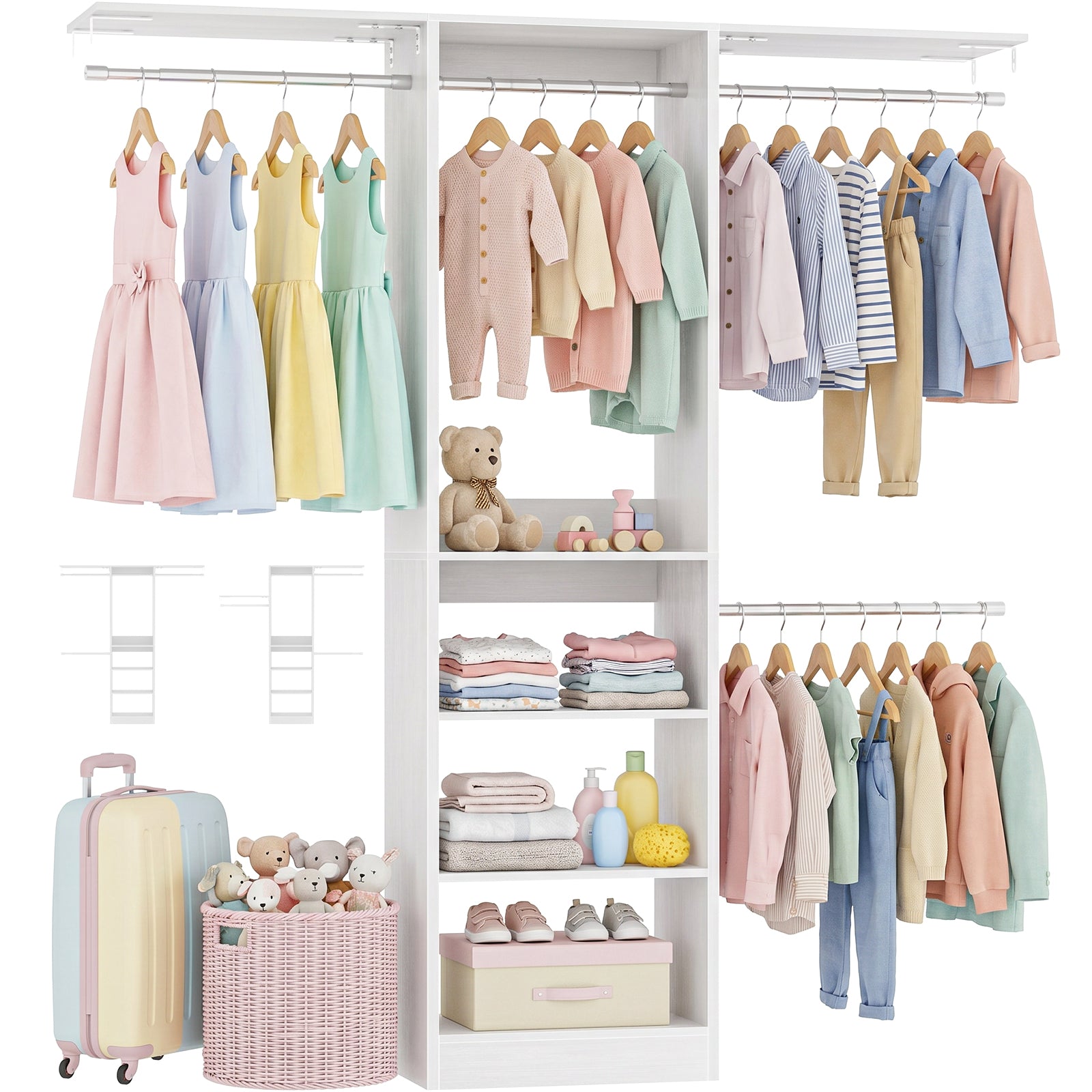 48" Small Closet System, Space-Saving Wall-Mounted Wardrobe Organizer, with 3 Adjustable Hanging Rods & 4 Shelves