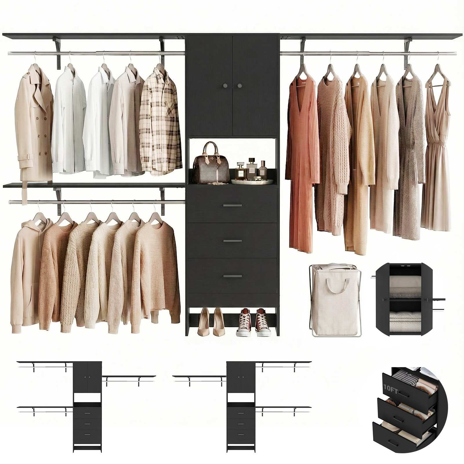 120" Heavy Duty Closet System with Cabinet Doors and 3 Wooden Drawers