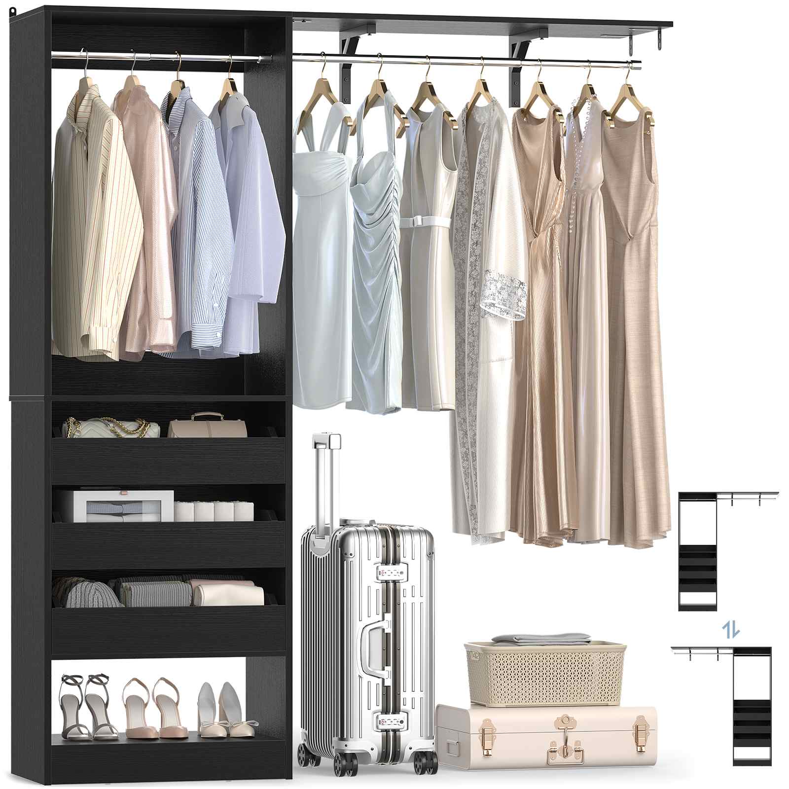 80" Tall x 60" Wide Closet System with 3 Half-Open Wooden Drawers,  2 Hanging Rods and Big Wing Shelf