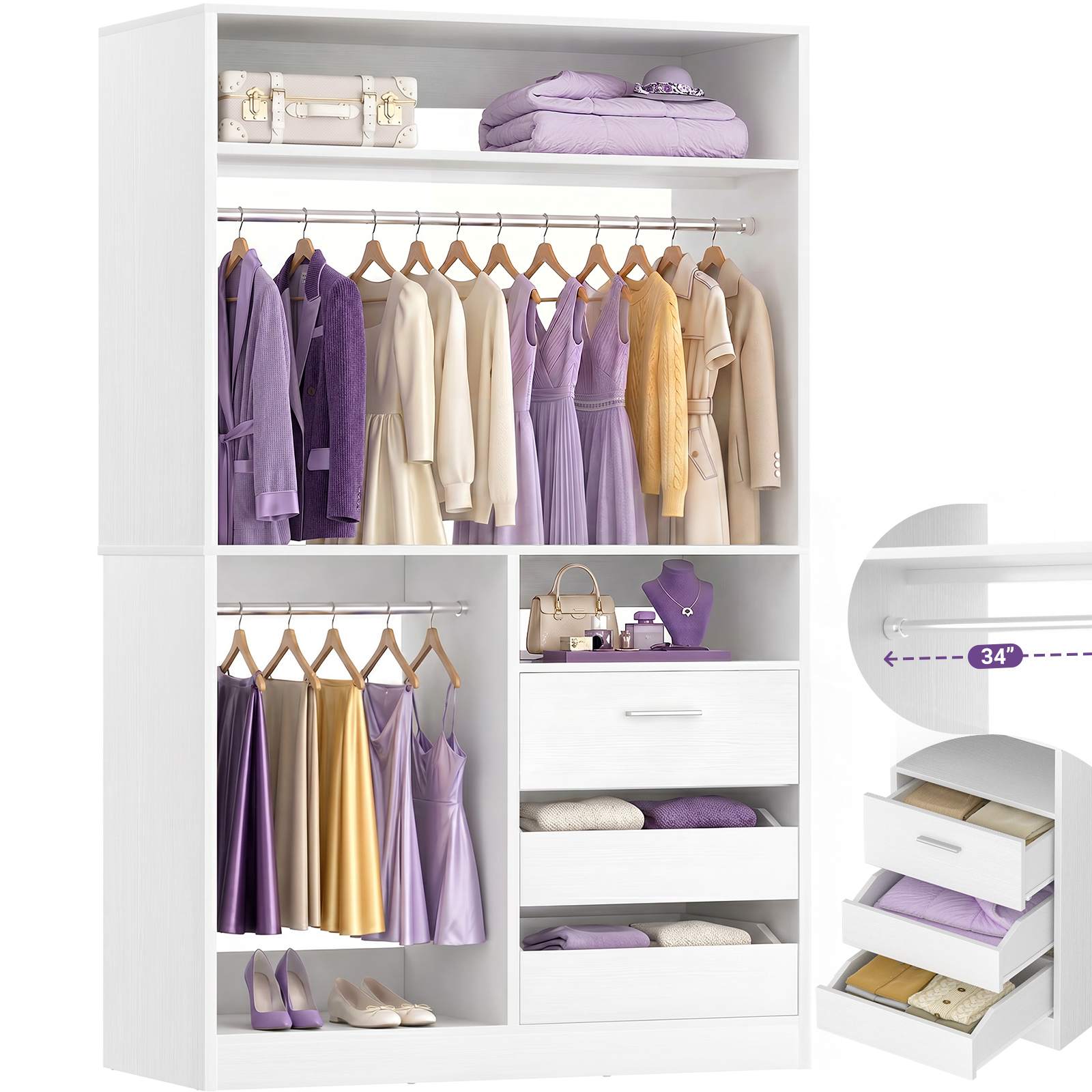 36'' Closet System with Long Hanging Rods, 4 Shelves, Wood Walk-in Closet with Closed & 2 Half-Open Drawers